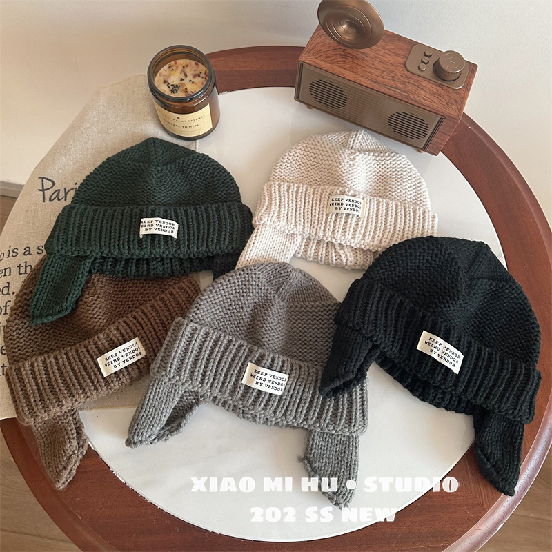 新款韩系百搭儿童雷锋帽秋冬款时髦个性男女宝宝毛线帽护耳帽子潮