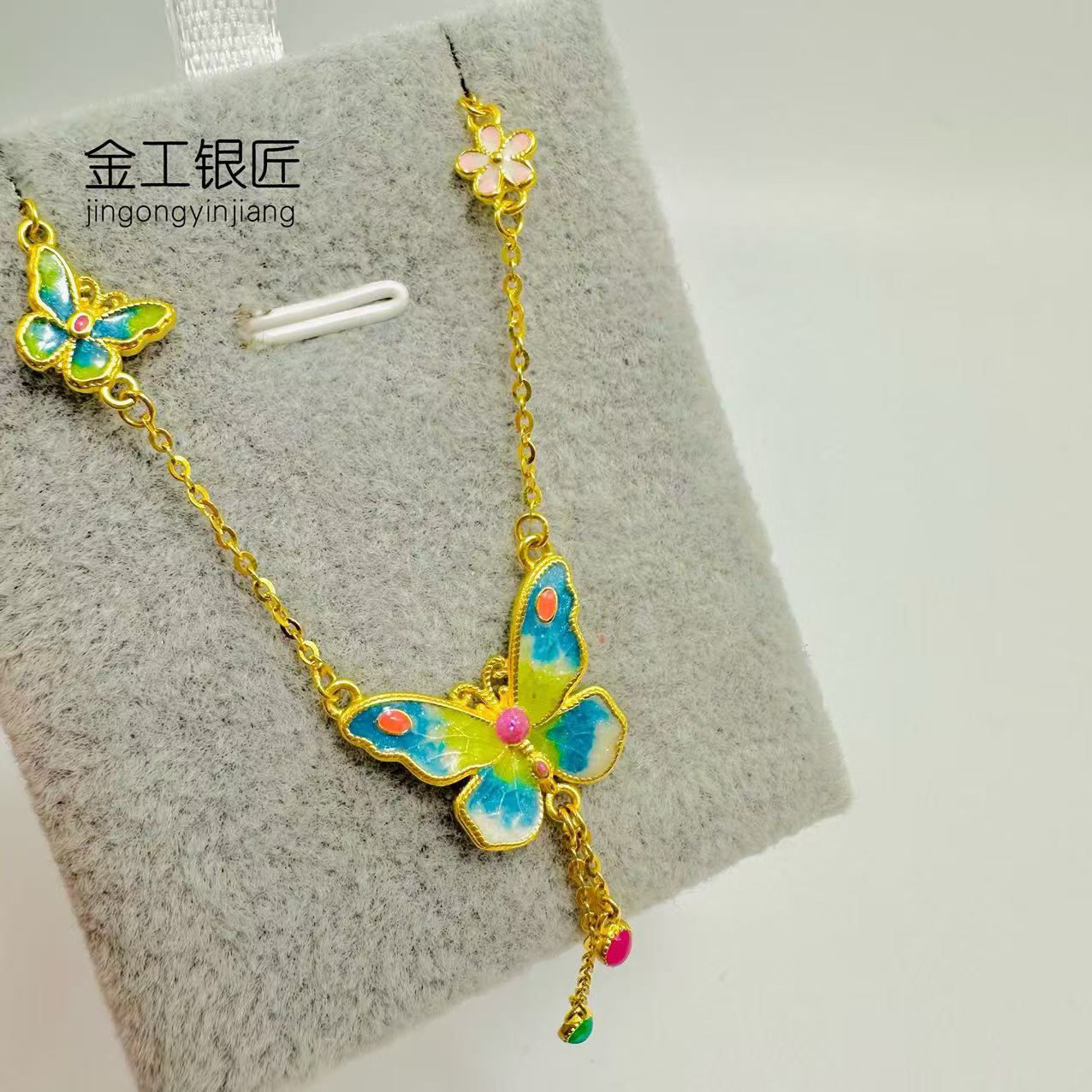 吊坠足银 珐琅蝴蝶吊坠项链 时尚典雅复古百搭