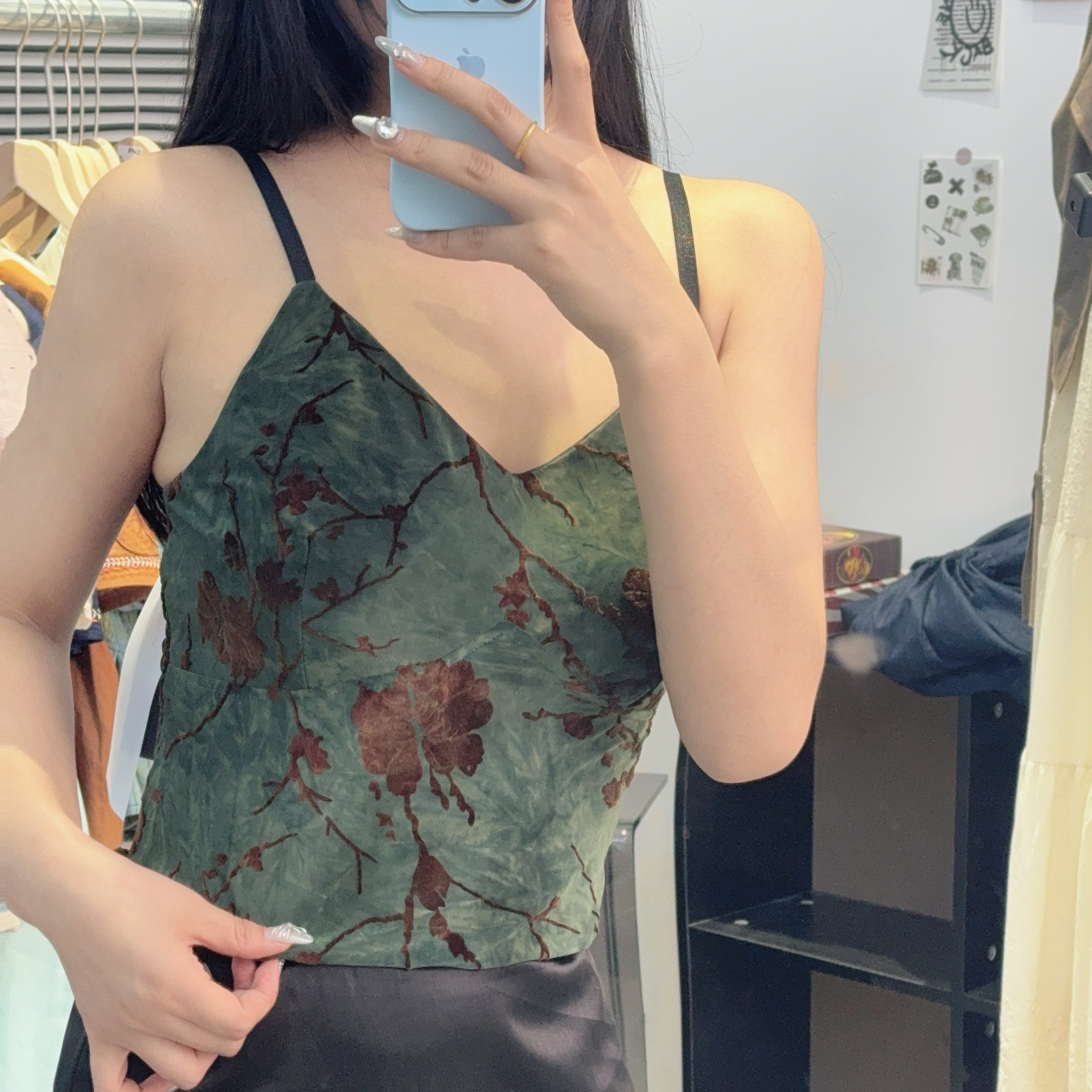 法式印花V领吊带背心女夏新款打底外穿带胸垫辣妹抹胸上衣31300#