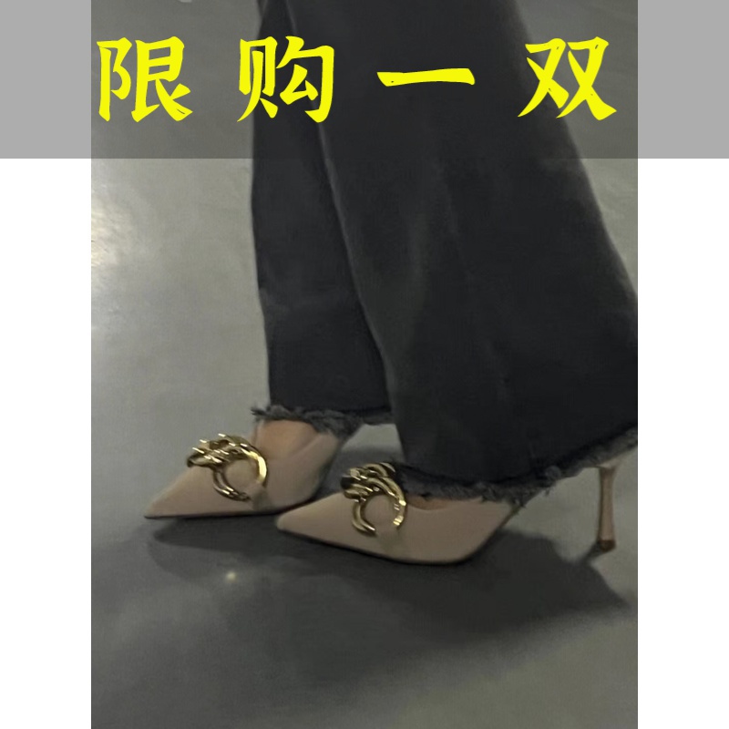 百丽纯爱裸色高跟鞋女2022年新款设计感小众法式细跟尖头公主不