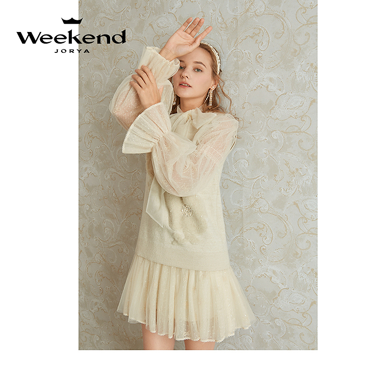 卓雅周末2022秋新款针织网纱蝴蝶结喇叭袖两件套连衣裙EJWCCU93