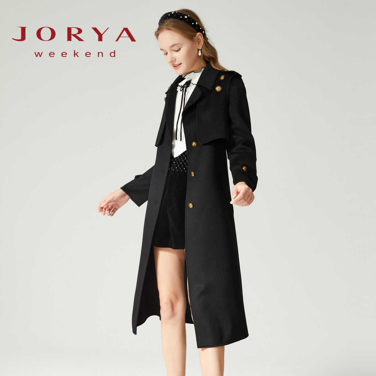 卓雅周末秋季时尚通勤翻领中长款羊毛廓形毛呢经典外套女EJWCCR93