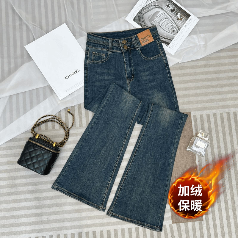 复古双排扣微喇牛仔裤女2025春季新款高腰修身显瘦裤加绒加厚女裤