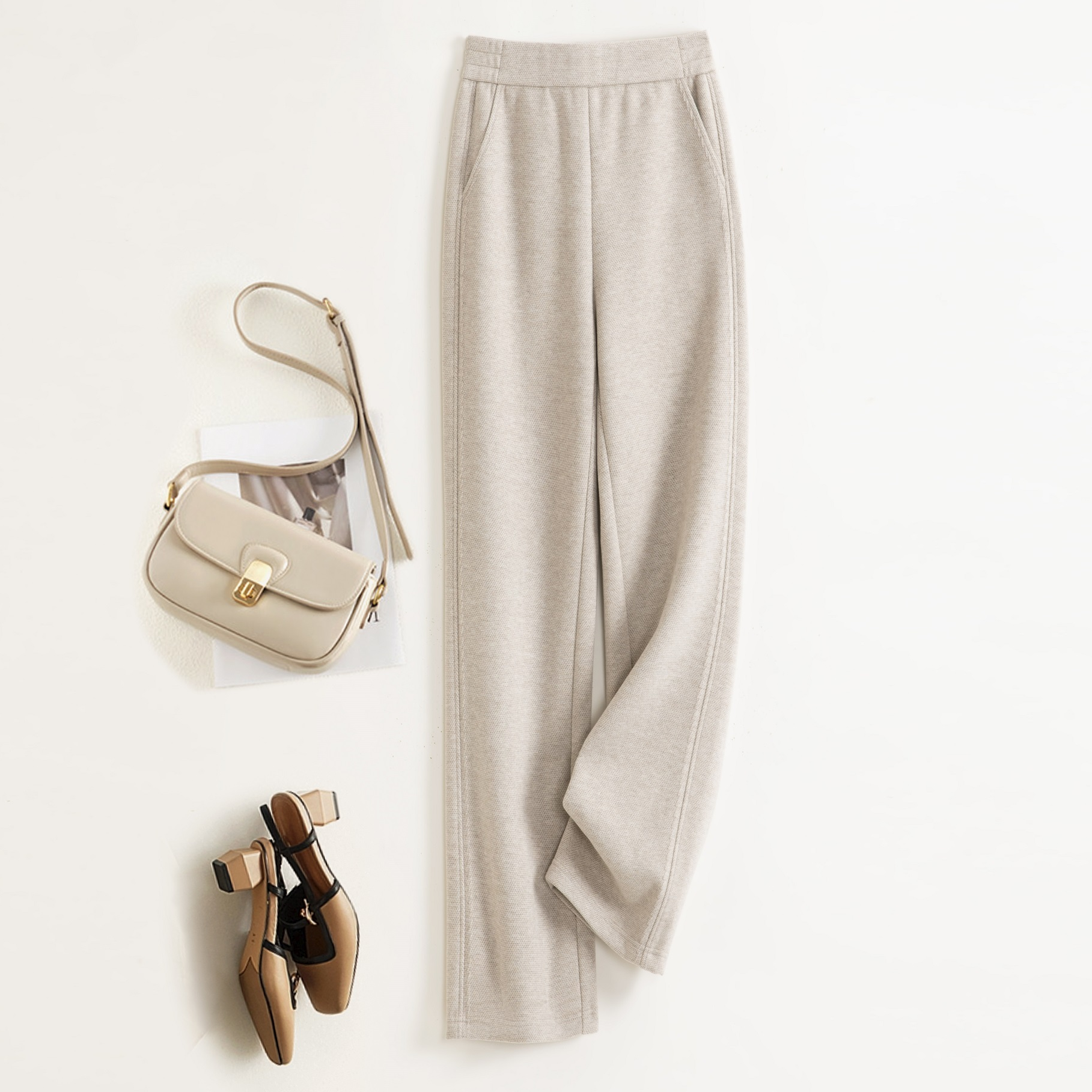 【人字纹盘花】数兰朵高腰毛呢直筒裤600G加厚窄版柔软肤感休闲裤