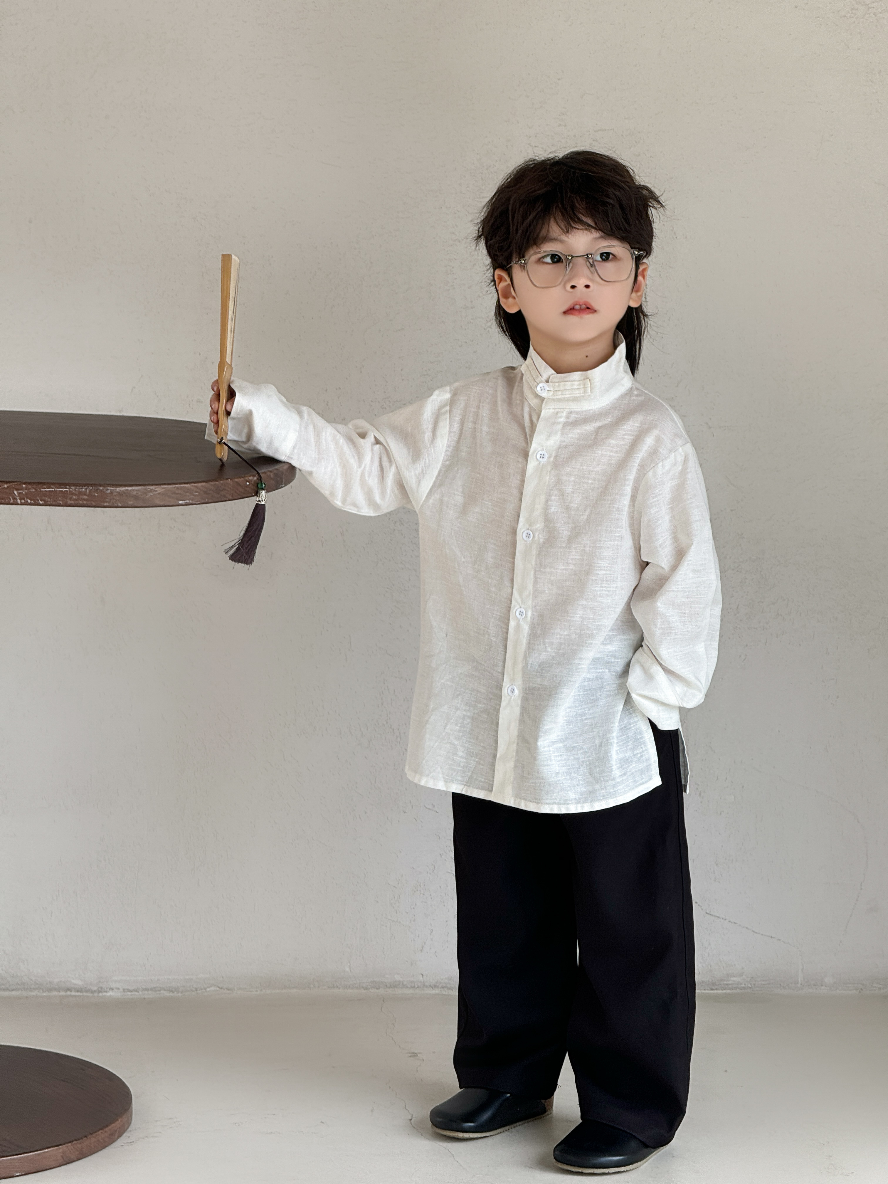 【默默】男童国风百搭长袖白色圆领衬衫10596