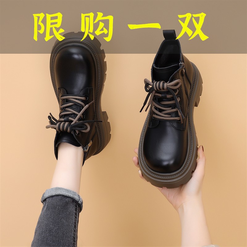 百丽纯爱真皮马丁靴女英伦风2023新款秋冬厚底加绒网红短靴增高