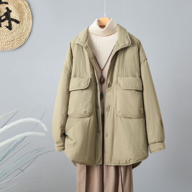 简约纯色大口袋夹棉保暖棉服女冬季大码宽松高级设计感加厚外套潮