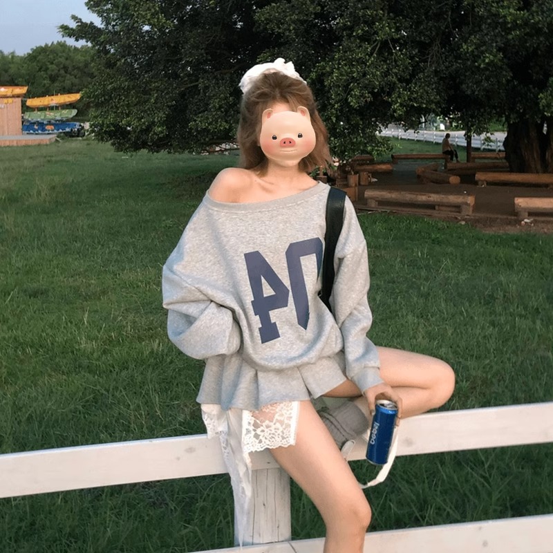 美式慵懒风长袖斜肩一字肩卫衣女春秋季2024新款宽松oversize上衣