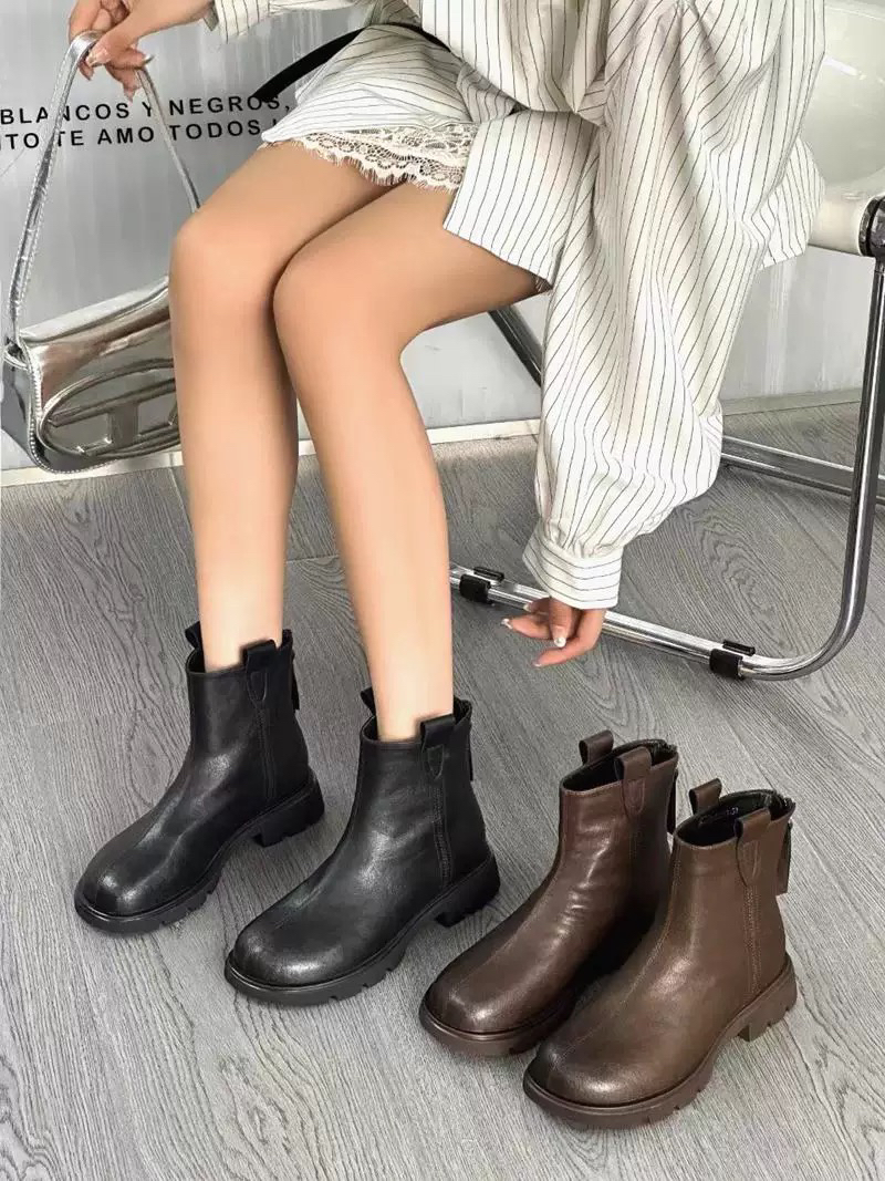 2024秋冬新款加绒粗跟短靴女英伦风厚底马丁靴女低跟休闲女靴子