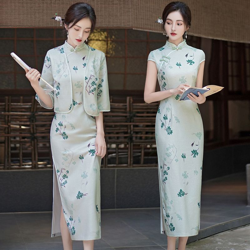 高档旗袍女改良长款秋季新款提花洋气中国风旗袍披肩两件套连衣裙
