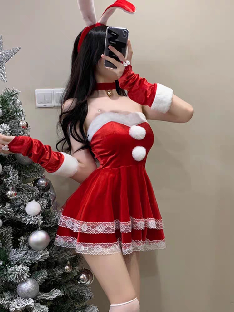 【圣诞睡裙】性感网红新款丝绒抹胸可爱学生兔女郎辣妹甜美红色睡衣