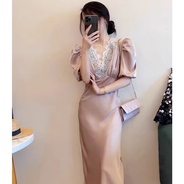 女装2023夏季新款法式气质连衣裙胖mm高级感泡泡袖显瘦长裙子蕾丝