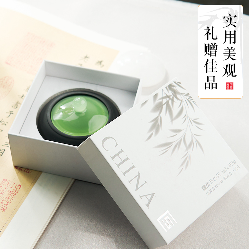 【编号073】书房琉璃盖墨海文房四宝砚台安徽歙砚圆形宣砚带盖不易