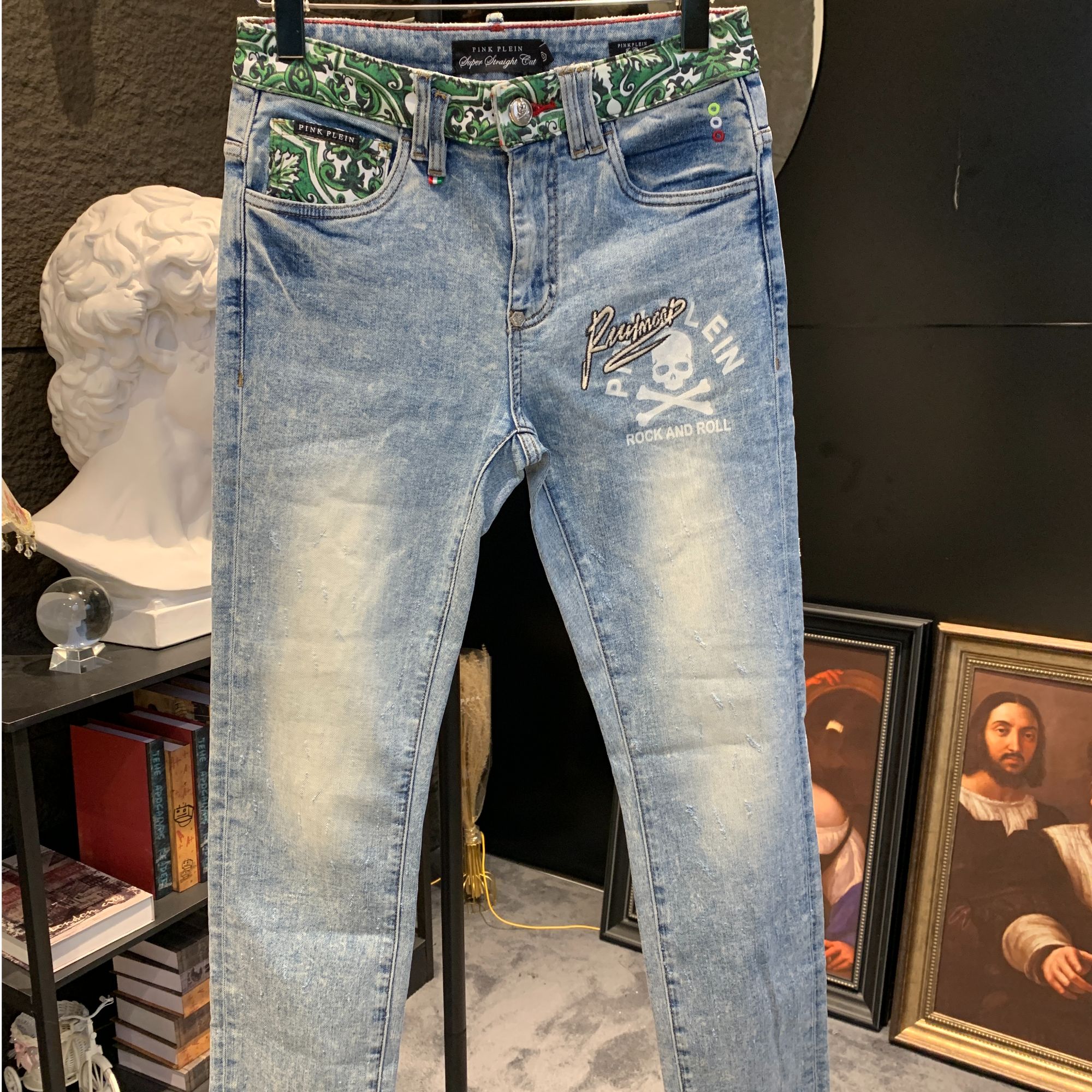 PINK PLEIN珍妮专属K020腰果花系列PP牛仔裤航海元素直筒复古拼接