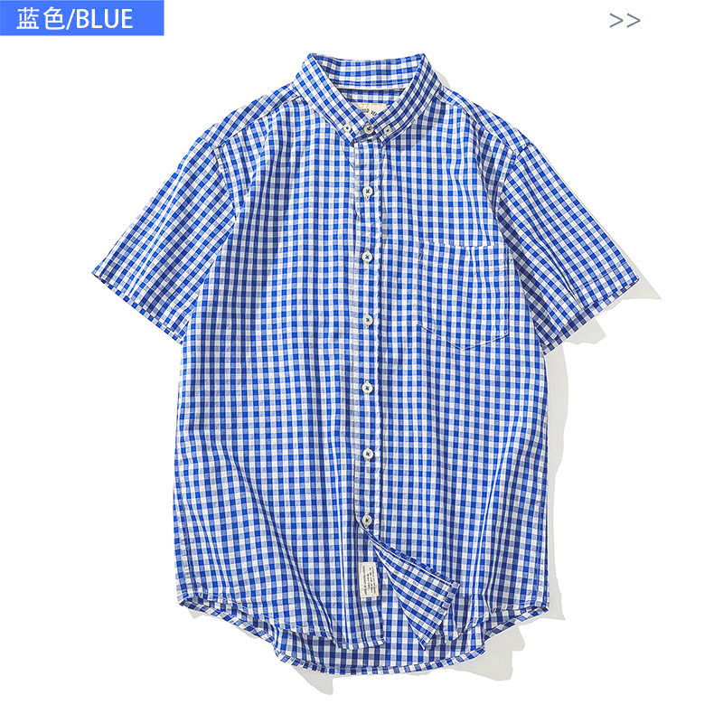 短袖蓝格子衬衫男纯棉百搭休闲半袖方格子衬衣格纹蓝色薄款800