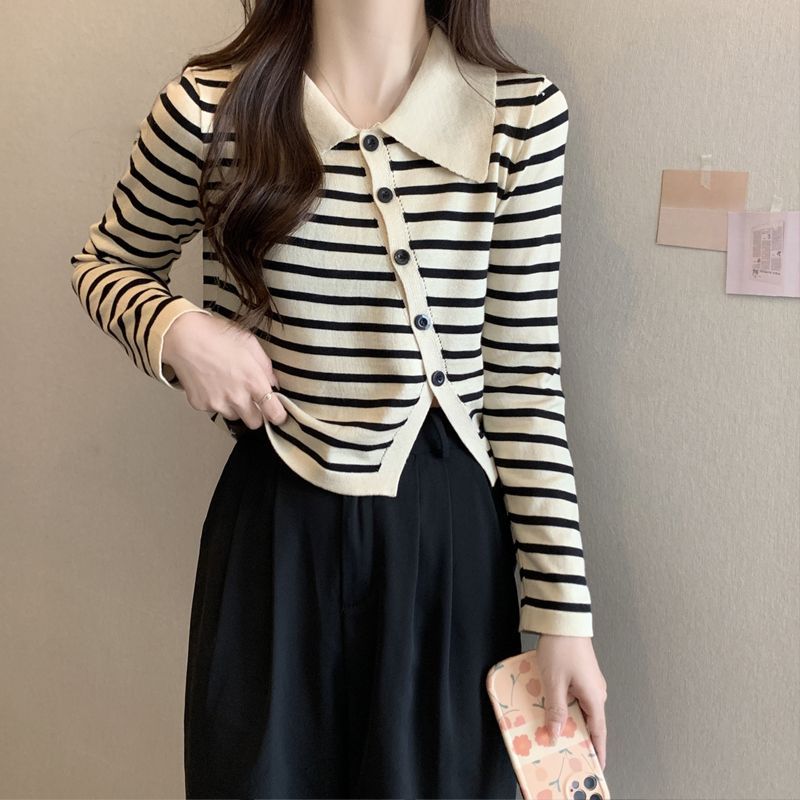 秋季韩版时尚设计感斜扣polo领条纹T恤女长袖打底衫开叉短款上衣