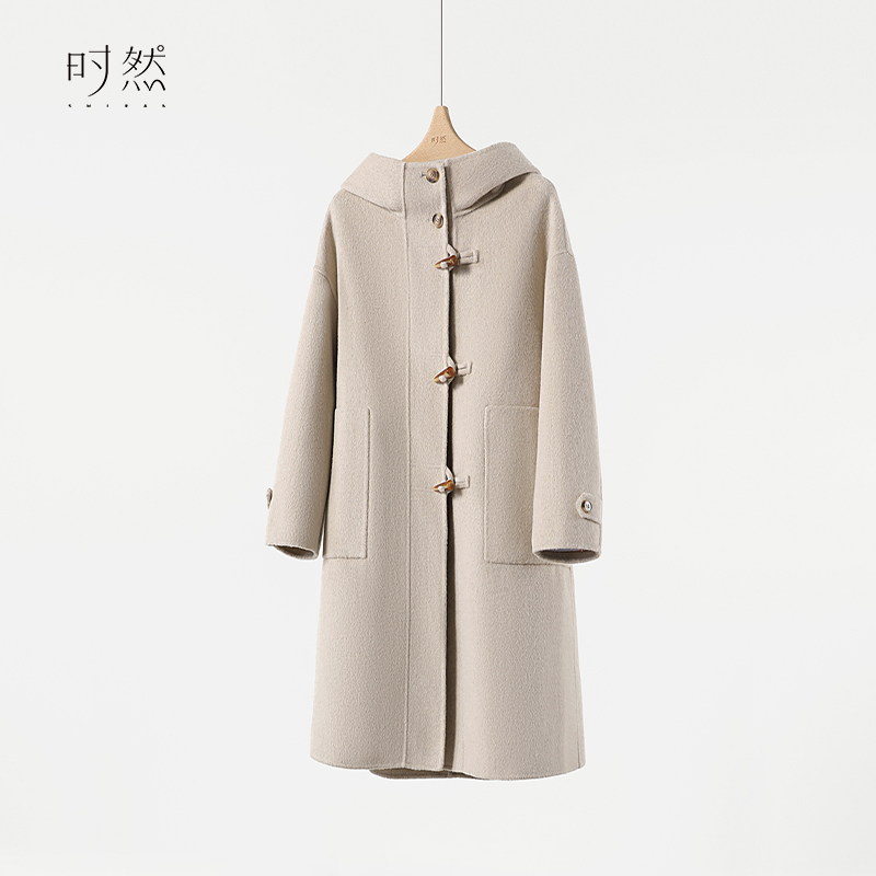 时然时然微胖大码女装双面呢大衣气质显瘦中长款外套遮肉连帽上衣