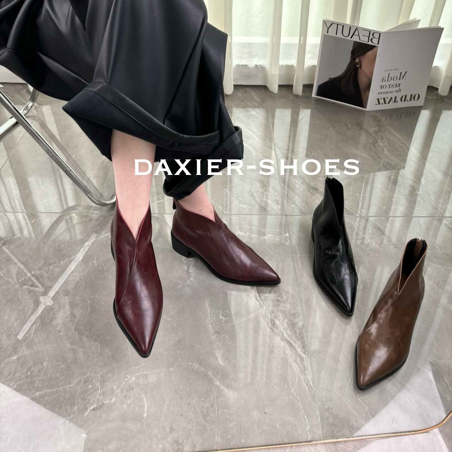 英伦风复古百搭春秋时尚单靴子女中跟尖头粗跟短靴及踝靴