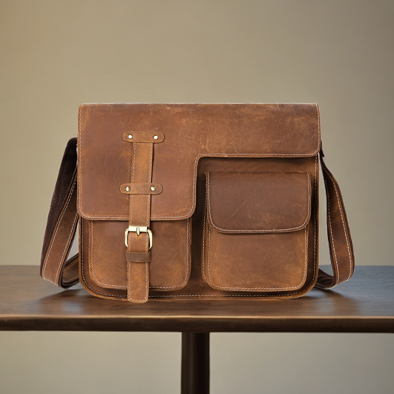 老高家疯马欧美牛皮男包头层牛皮单肩包复古斜挎包大容量邮差包