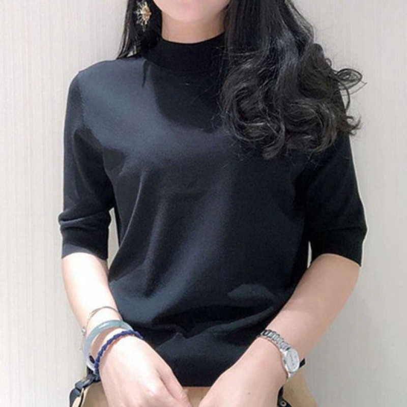 {专柜}商场同款夏季百搭修身半高领冰丝五分袖T恤女700936