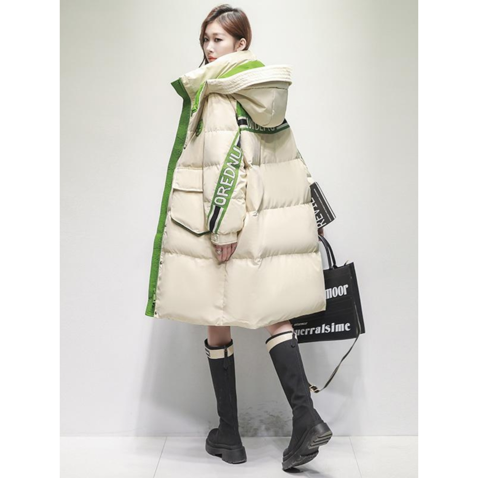 韩版时尚拼接羽绒服女2025冬季新款中长款高级感白鸭绒外套冬