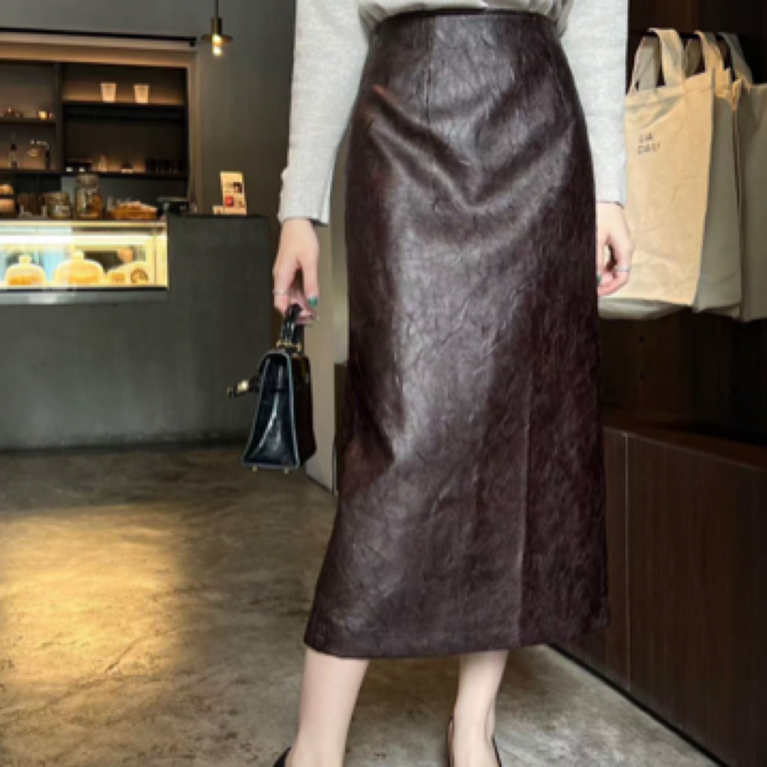98626爆款压褶半身皮裙