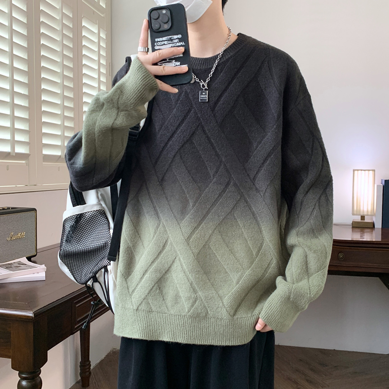 渐变色毛衣男冬季加厚简约潮针织衫宽松慵懒风套头衫毛线衣外套