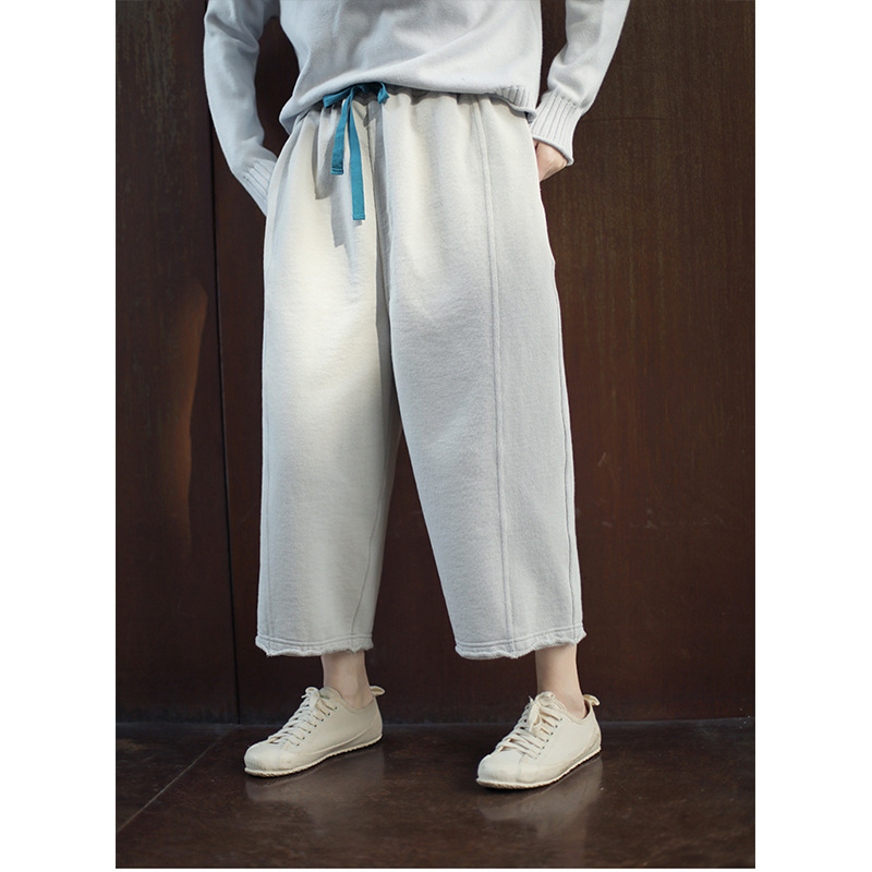 石灰白色厚实毛圈针织布磨毛松紧腰抽绳萝卜裤21215