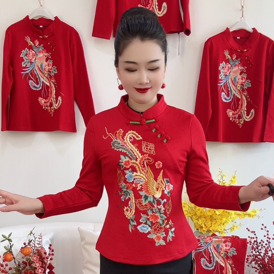 2024新款中国风凤凰刺绣衫修身民族风改良旗袍盘扣绣花上衣