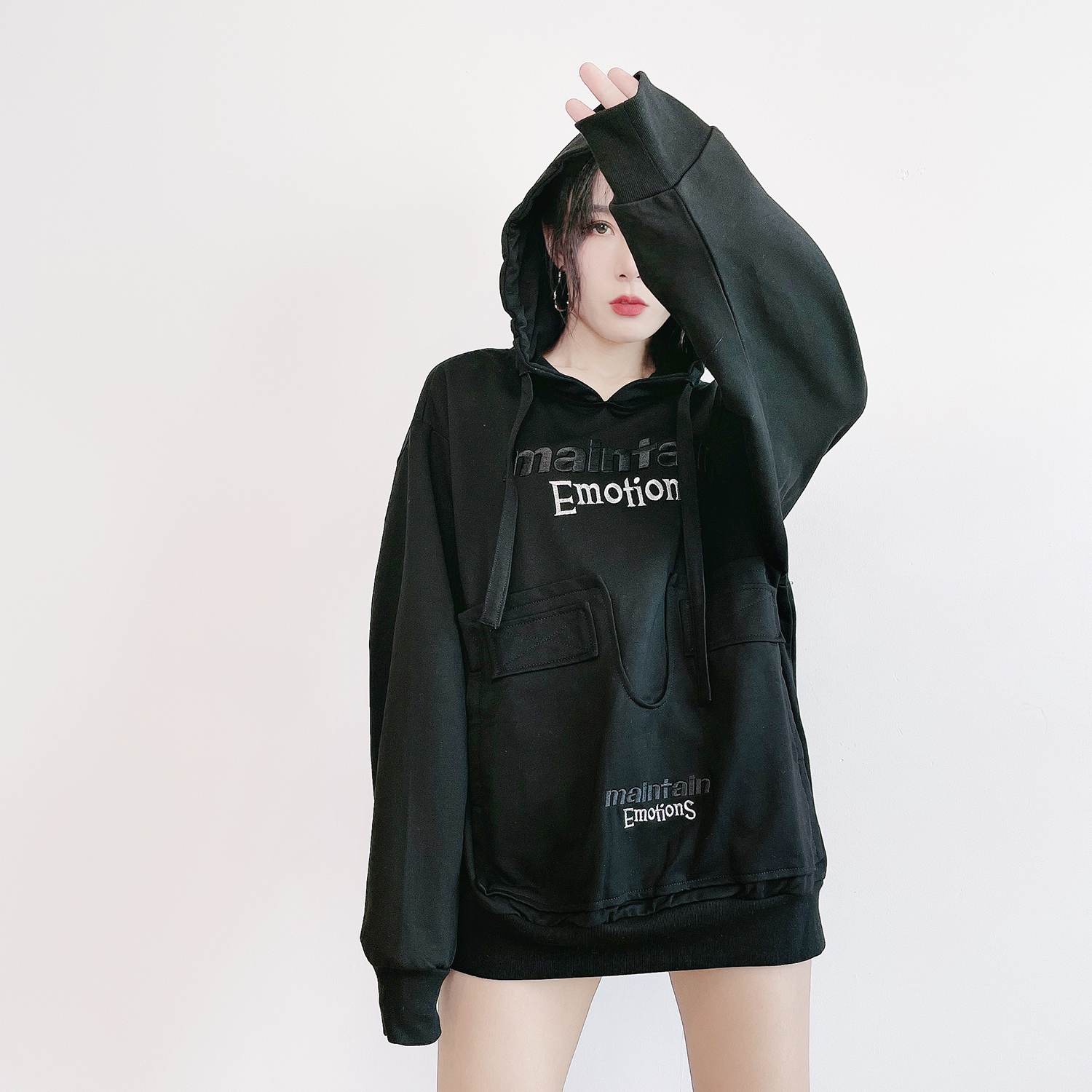 春秋美式街头小个子oversize刺绣字母连帽卫衣女设计感小众慵懒风