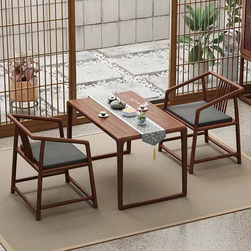 北美黑胡桃中式茶桌客厅阳台新中式书桌家用简约茶桌茶台一整套