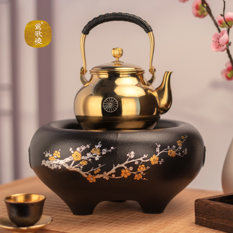 莺歌烧电陶炉金银梅花三足大炉蓝色飞鸟电陶炉家用静音煮茶烧水炉