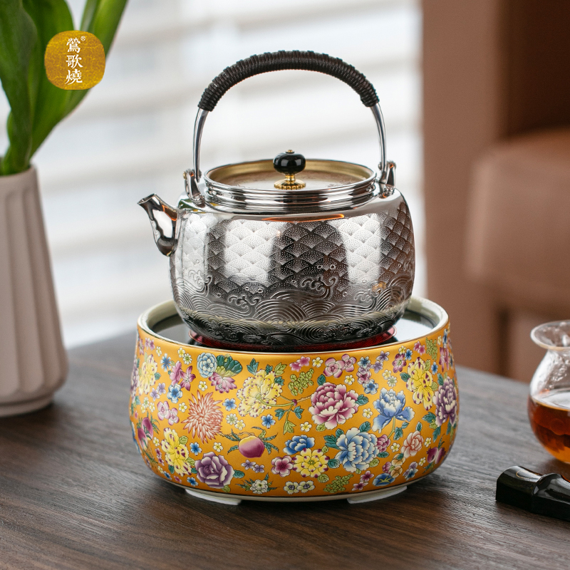 莺歌烧万花竞春电陶炉家用不挑壶镶嵌茶炉小型泡茶煮茶器静音茶炉
