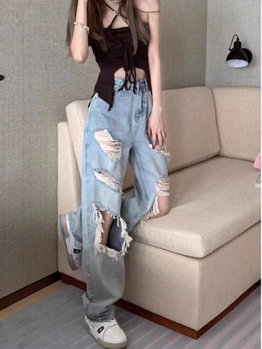 大码胖MM浅色破洞直筒牛仔裤女夏季新款高腰显瘦薄款拖地阔腿裤