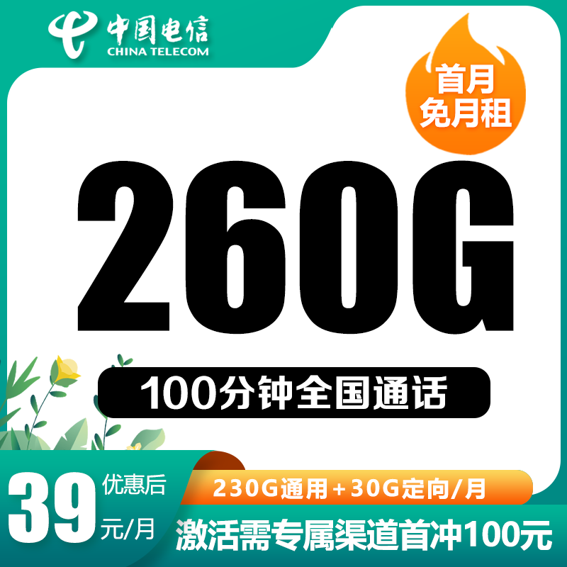 dianxin/电信欢颜卡260G全国流量卡不限速流量100分钟电话卡39元