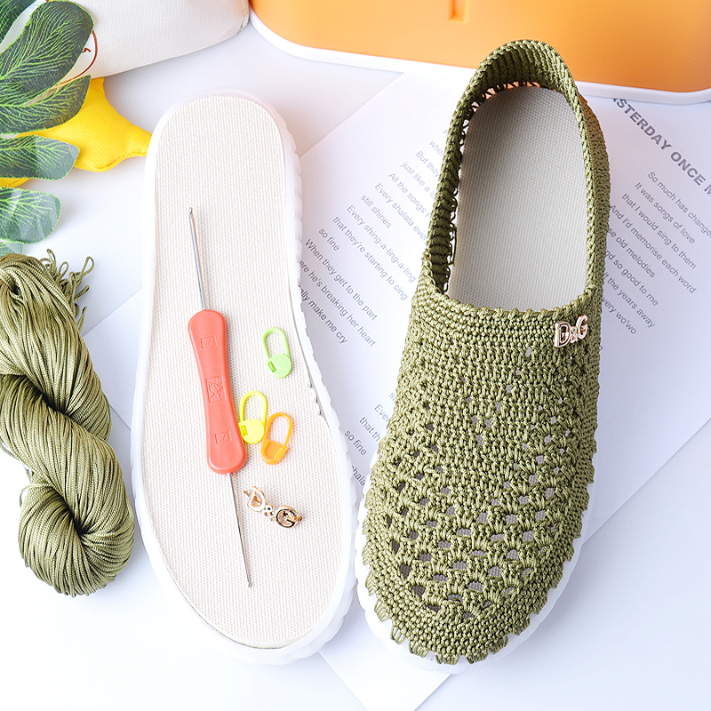 手工编织夏凉V字形水晶底豆豆鞋空心线钩织男女款鞋材料包送教程