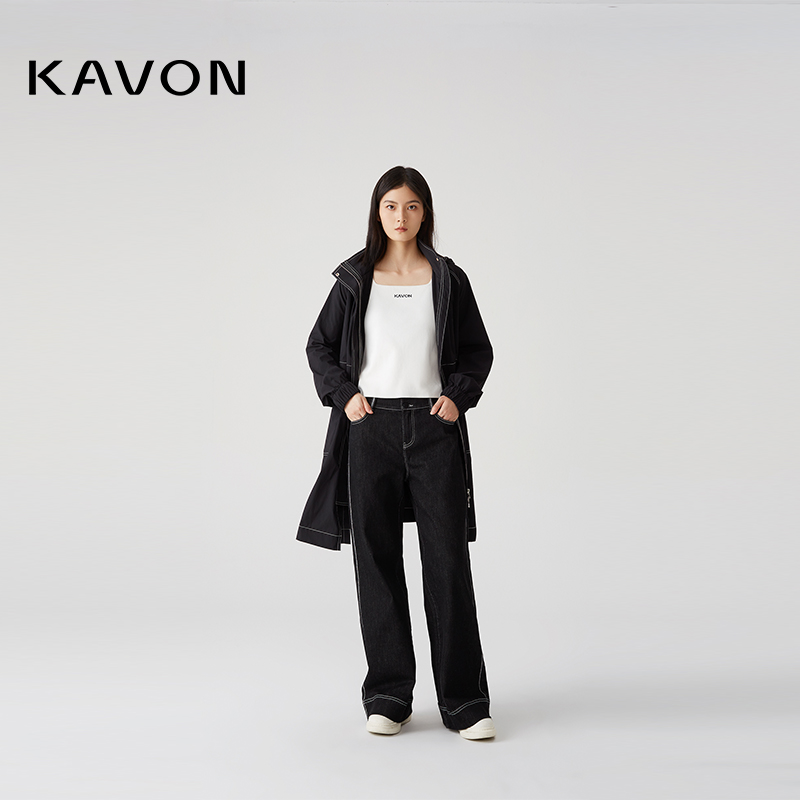 【晨晨精选】流浪丹宁韩版绑带连帽撞色线挺阔拉链风衣KL3F652HE