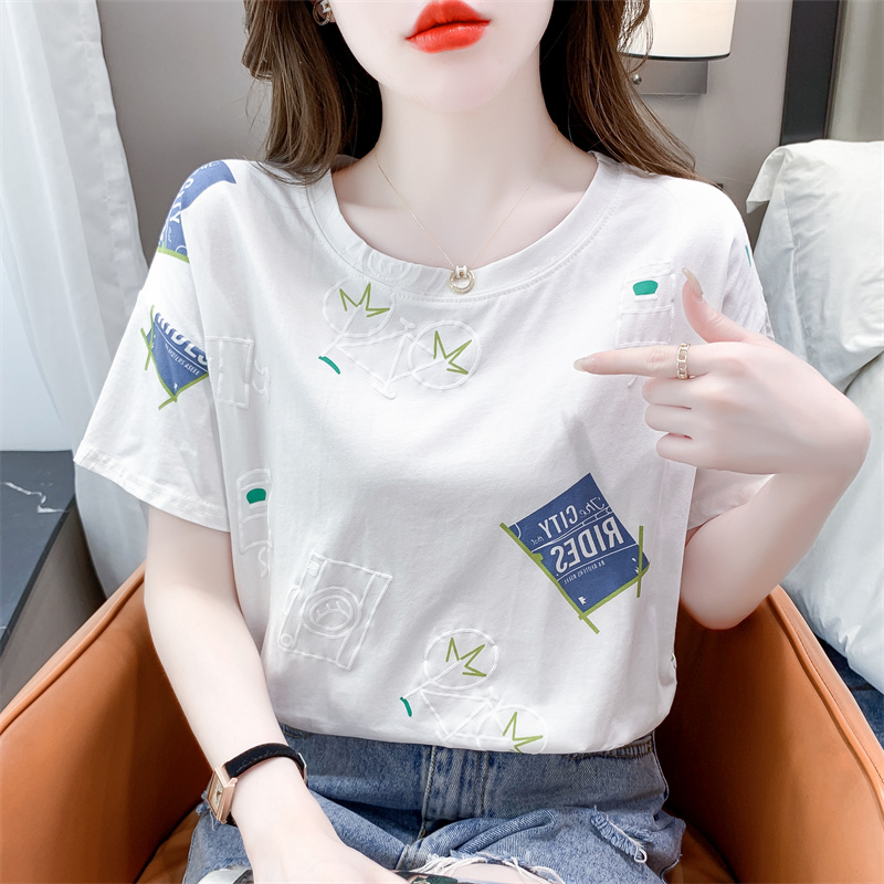 纯棉白色t恤女短袖夏装新款百搭宽松印花设计体恤时尚洋气上衣