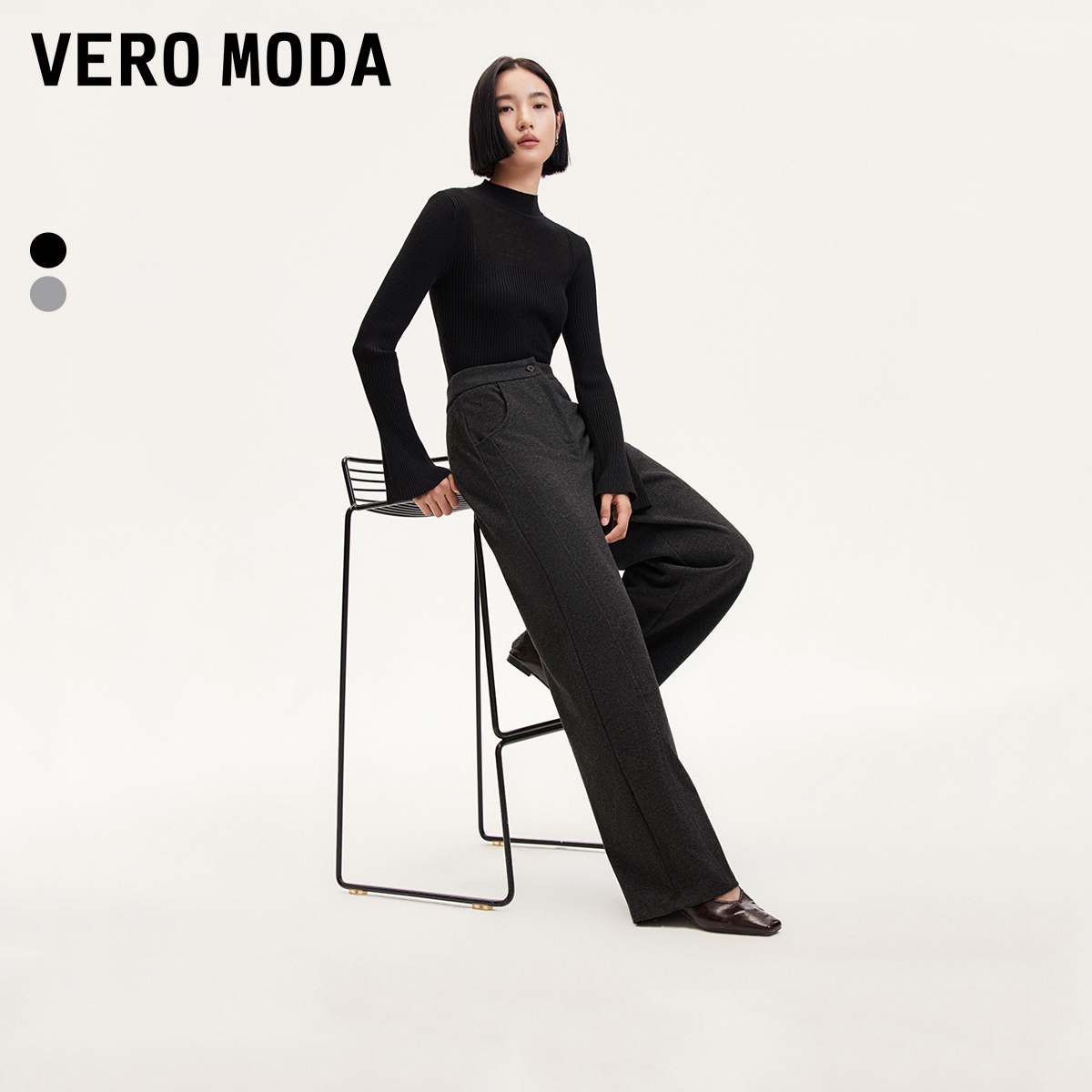 Vero Moda休闲裤洋气秋冬高腰直筒裤竖条纹显瘦时尚高级感老钱风