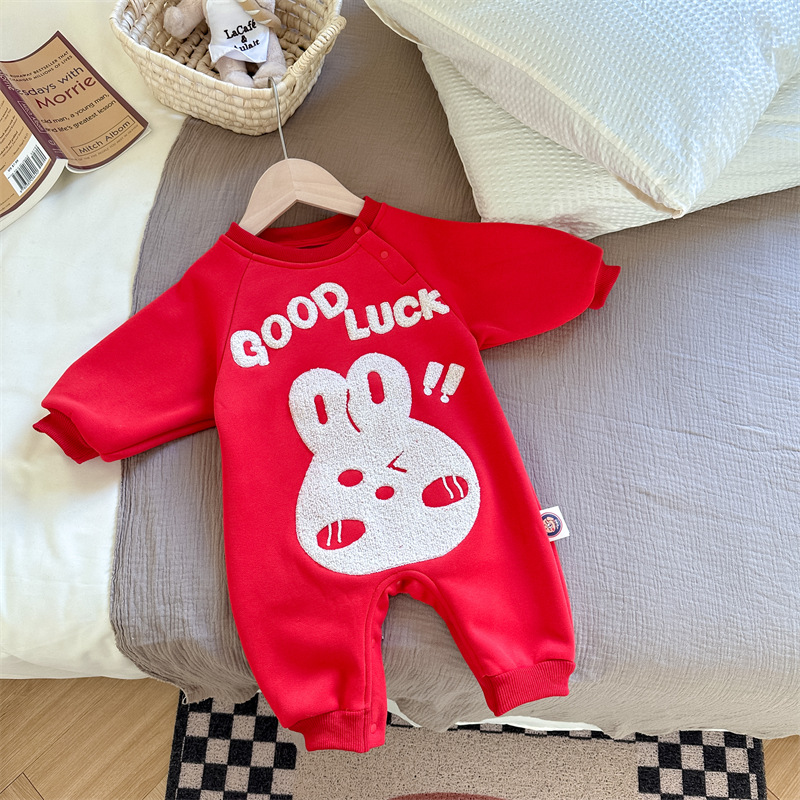 新年宝宝连体衣可爱小兔子刺绣加绒婴幼儿爬服周岁百天抓周服喜庆
