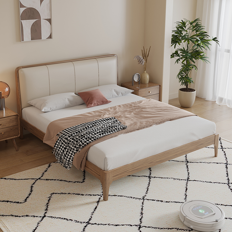客卧实木软包床现代简约北欧原木风奶油风主卧白蜡木皮艺双人床