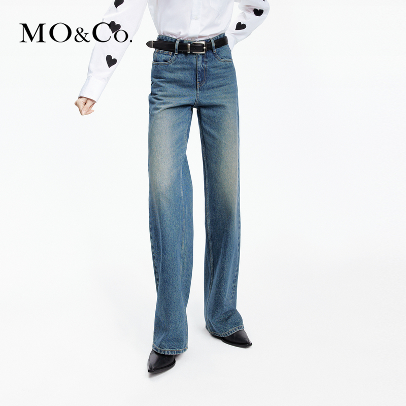 MOCO春重工酵洗手擦多工艺复古高腰直筒牛仔裤MBD1JEN001