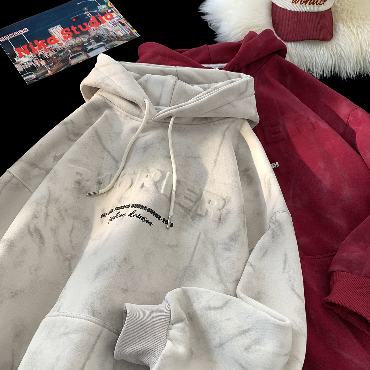 XXZZ 美式500g砂洗钢印字母连帽卫衣男秋冬宽松百搭慵懒上衣外套