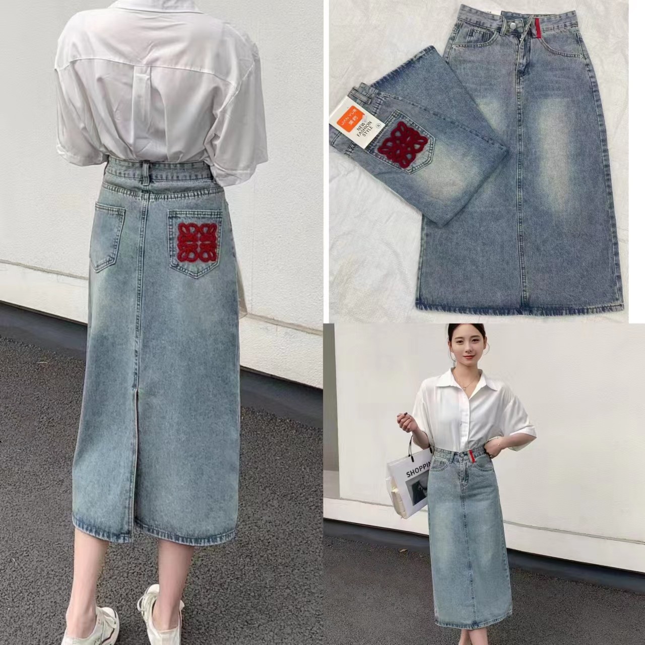 #927~高腰怀旧复古牛仔半身裙女2024新款百搭显瘦开叉中长A字裙潮