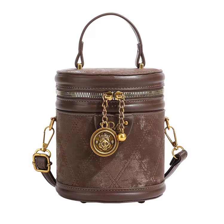 时尚女士棕色水桶包单肩盒子包轻奢百搭复古经典圆筒包6650