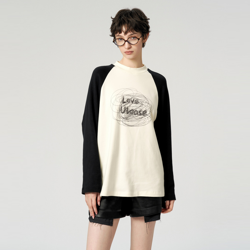 uti拼色撞色插肩袖T恤女装百搭宽松棉质休闲上衣冬季新款