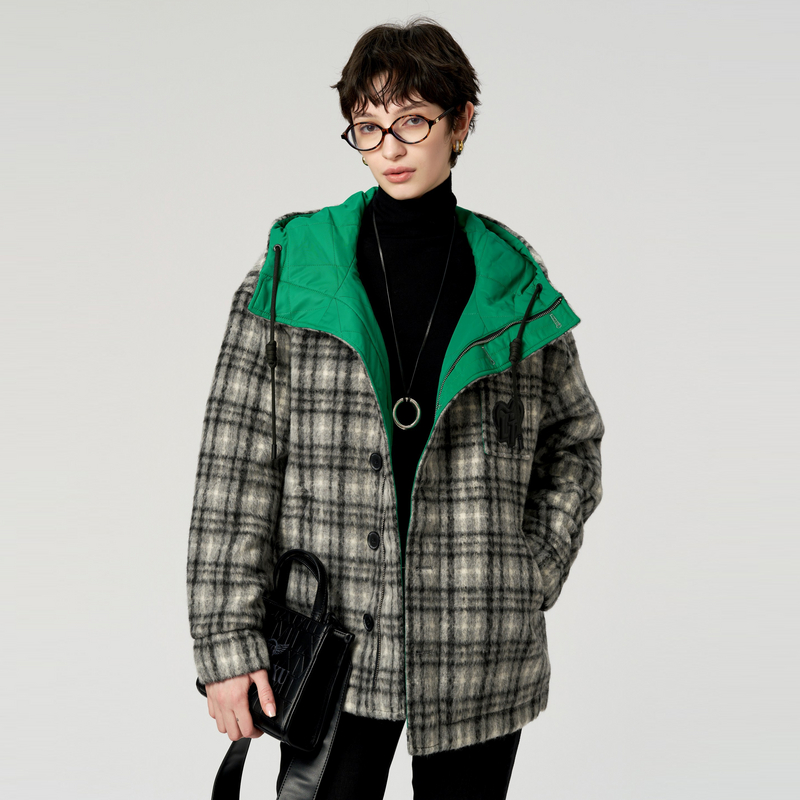 uti格纹两穿撞色休闲外套女 设计感短呢大衣棉服尤缇2023冬季新款