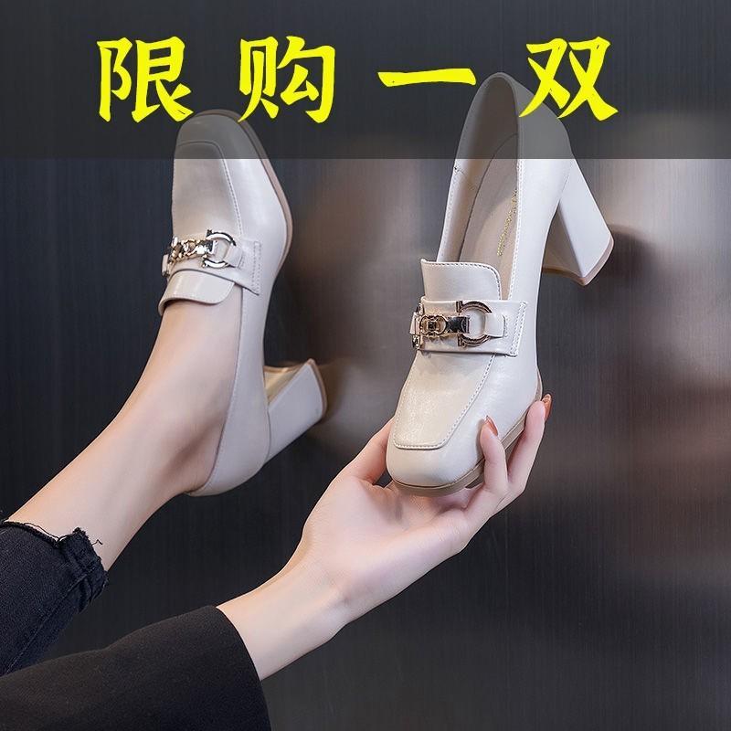 红蜻蜓牌高跟鞋子女2023年春季新款方头粗跟小皮鞋英伦风乐福鞋