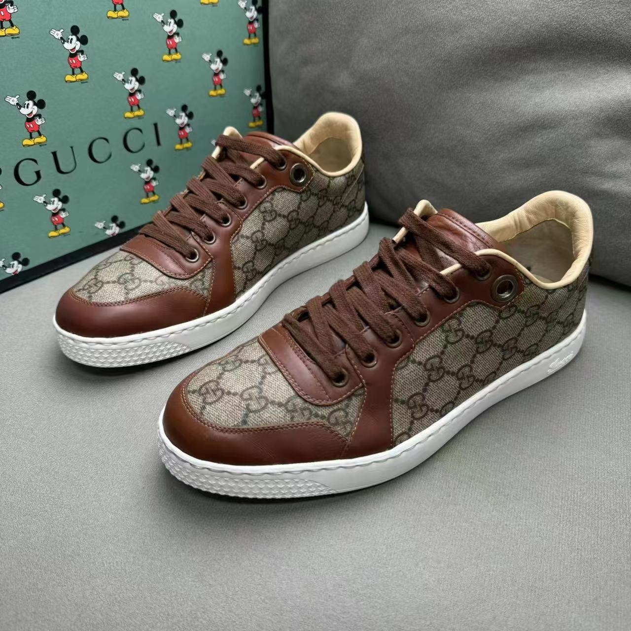 GUCCI/古驰棕色老花满印时尚百搭低帮系带板鞋 39.5码/95新