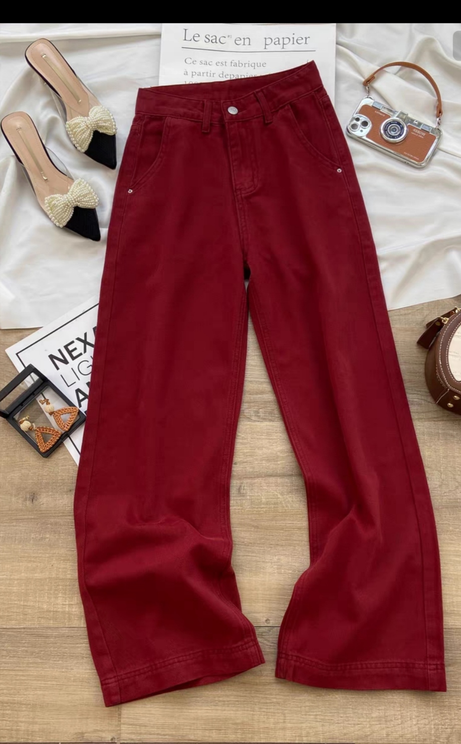 木琳琳：2024新款【红色系】时尚百搭休闲显瘦不挑人阔腿牛仔裤